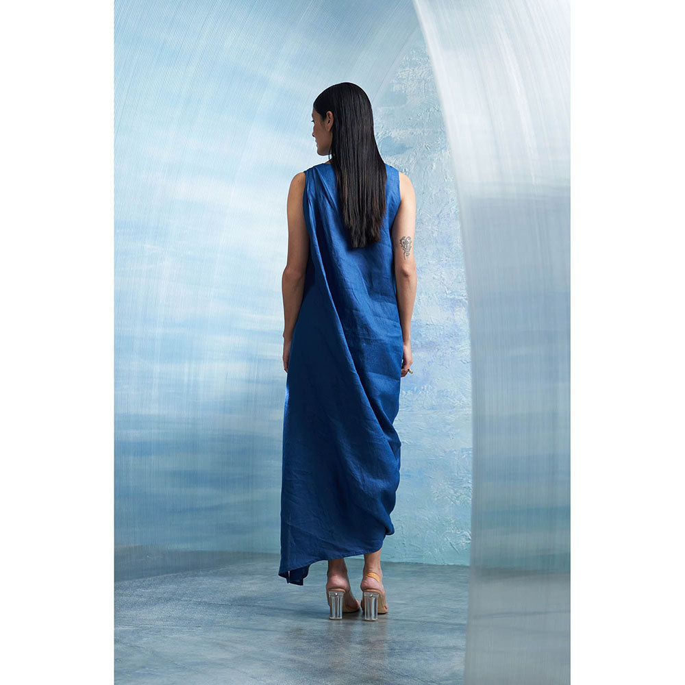 Charkhee Aura Royal Blue Linen Drape Dress with Belt (Set of 2)