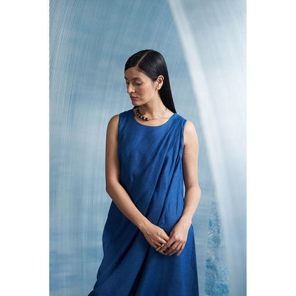 Charkhee Aura Royal Blue Linen Drape Dress with Belt (Set of 2)