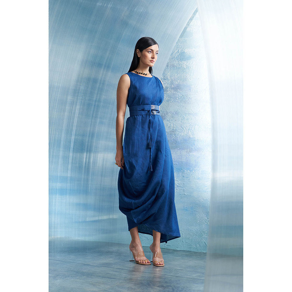 Charkhee Aura Royal Blue Linen Drape Dress with Belt (Set of 2)