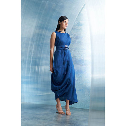 Charkhee Aura Royal Blue Linen Drape Dress with Belt (Set of 2)