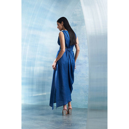 Charkhee Aura Royal Blue Linen Drape Dress with Belt (Set of 2)