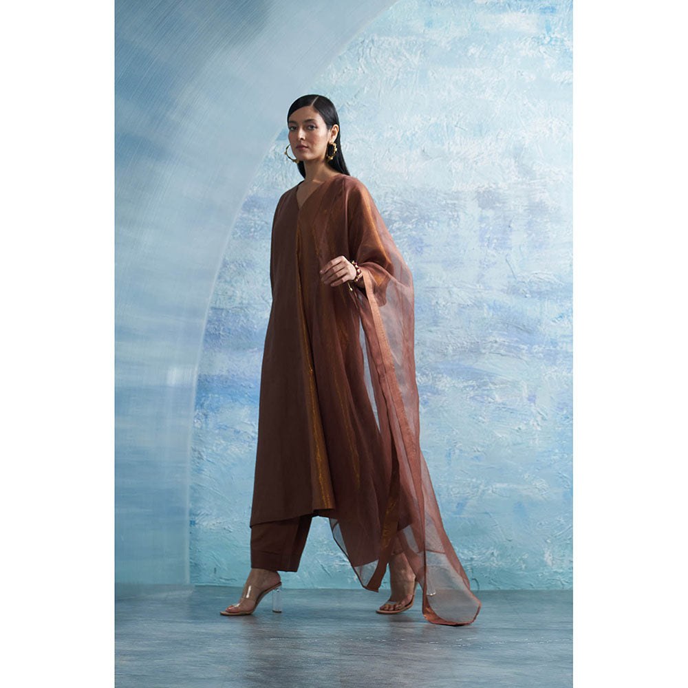 Charkhee Aura Woody Brown Kurta with Pant and Dupatta (Set of 3)