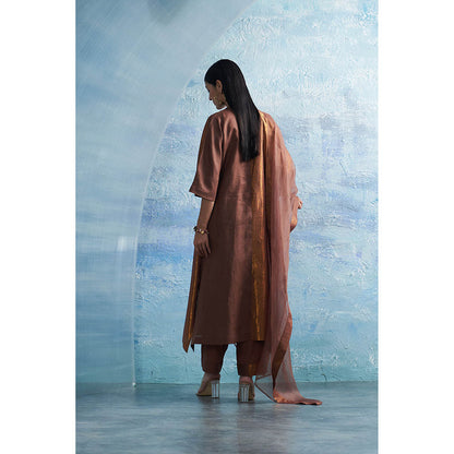 Charkhee Aura Woody Brown Kurta with Pant and Dupatta (Set of 3)