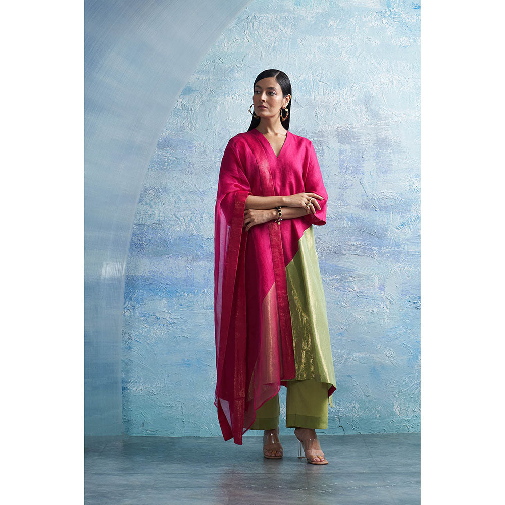 Charkhee Aura Asymmetric Pink Kurta with Palazzo and Dupatta (Set of 3)
