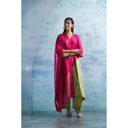 Charkhee Aura Asymmetric Pink Kurta with Palazzo and Dupatta (Set of 3)