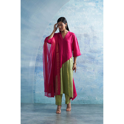 Charkhee Aura Asymmetric Pink Kurta with Palazzo and Dupatta (Set of 3)