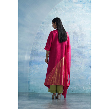 Charkhee Aura Asymmetric Pink Kurta with Palazzo and Dupatta (Set of 3)