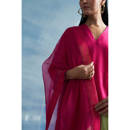 Charkhee Aura Asymmetric Pink Kurta with Palazzo and Dupatta (Set of 3)