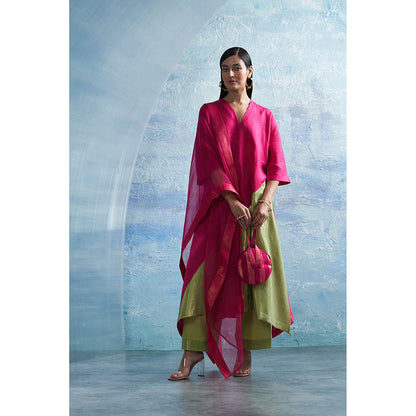 Charkhee Aura Asymmetric Pink Kurta with Palazzo and Dupatta (Set of 3)