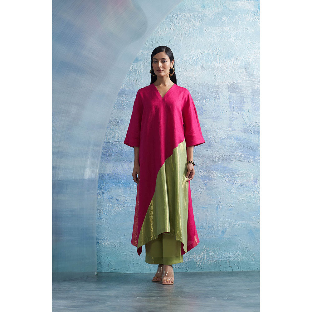 Charkhee Aura Asymmetric Pink Kurta with Palazzo and Dupatta (Set of 3)