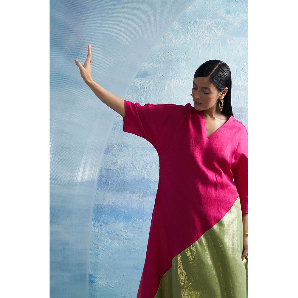 Charkhee Aura Asymmetric Pink Kurta with Palazzo and Dupatta (Set of 3)