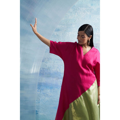 Charkhee Aura Asymmetric Pink Kurta with Palazzo and Dupatta (Set of 3)