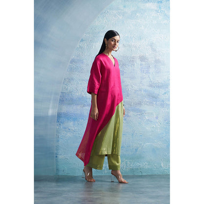 Charkhee Aura Asymmetric Pink Kurta with Palazzo and Dupatta (Set of 3)