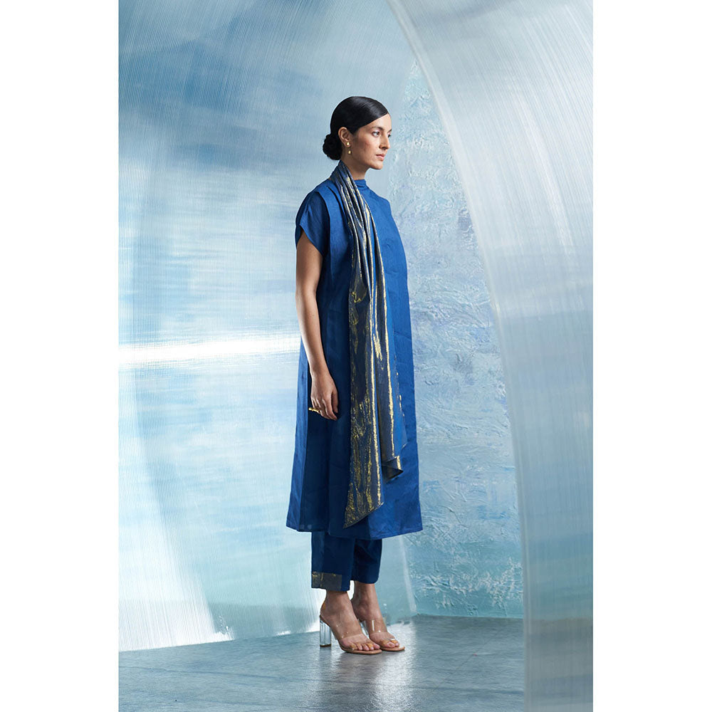 Charkhee Aura Royal Blue Drape Scarf Kurta with Pant (Set of 2)