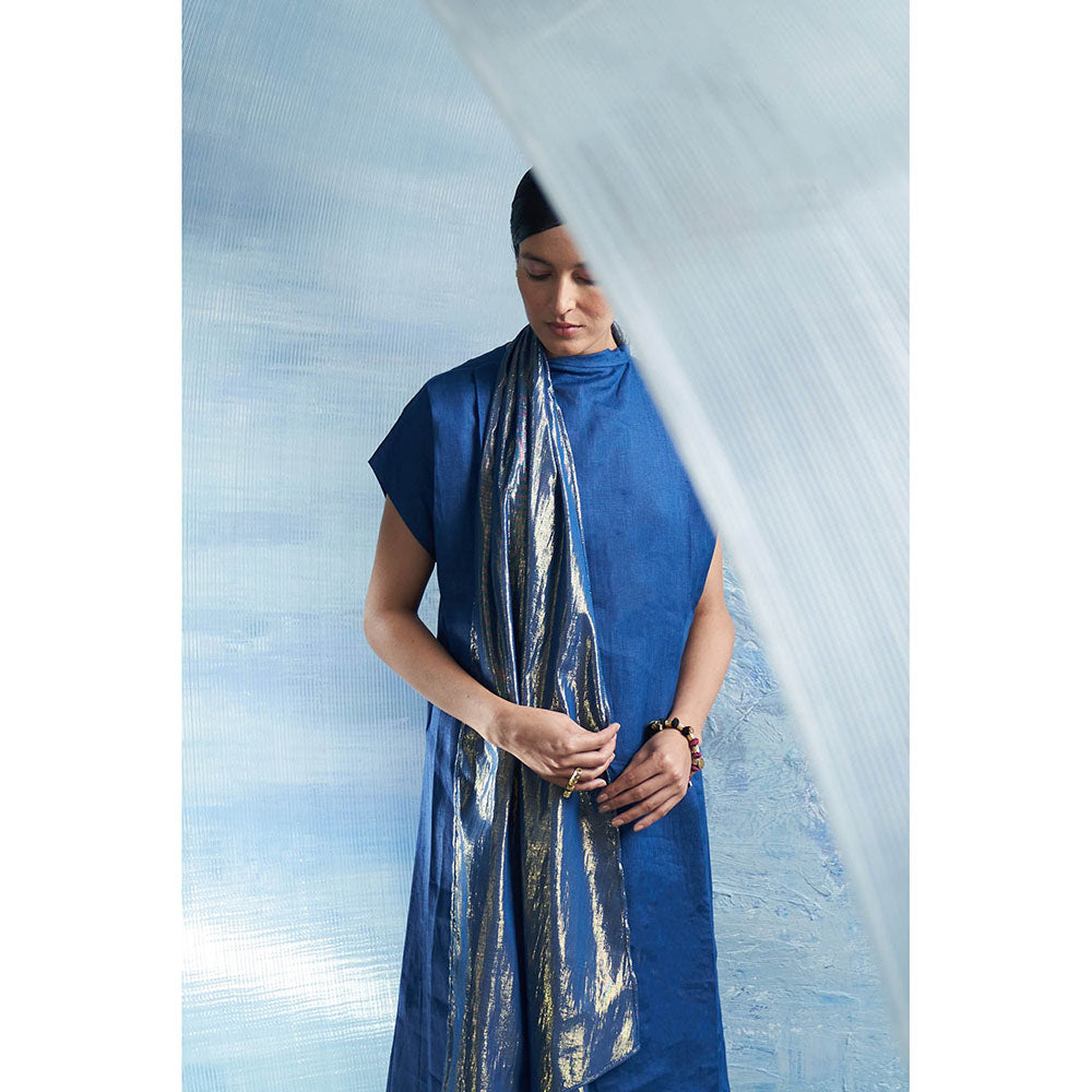 Charkhee Aura Royal Blue Drape Scarf Kurta with Pant (Set of 2)