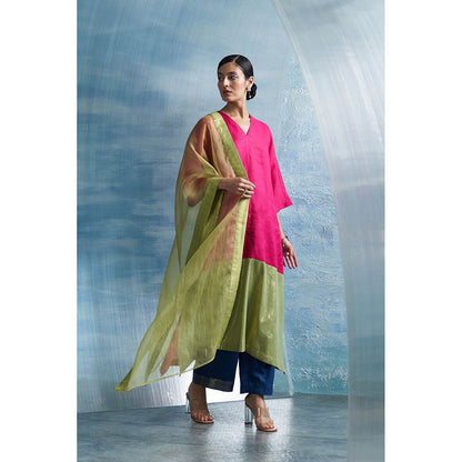 Charkhee Aura Asymmetric Pink Kurta with Palazzo and Dupatta (Set of 3)