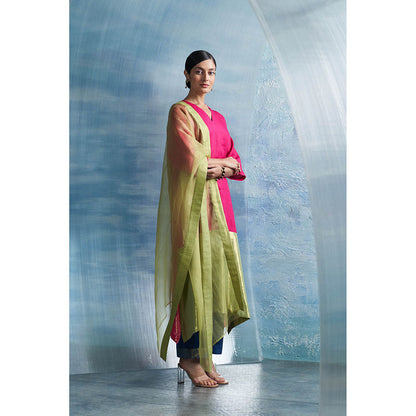 Charkhee Aura Asymmetric Pink Kurta with Palazzo and Dupatta (Set of 3)