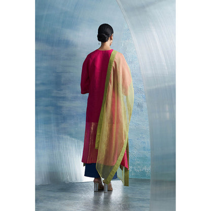 Charkhee Aura Asymmetric Pink Kurta with Palazzo and Dupatta (Set of 3)