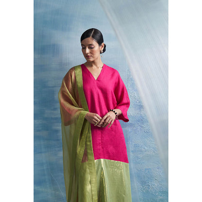 Charkhee Aura Asymmetric Pink Kurta with Palazzo and Dupatta (Set of 3)