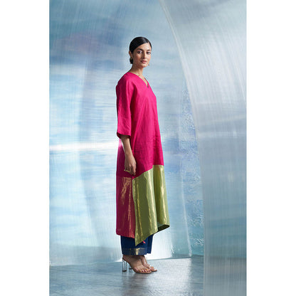 Charkhee Aura Asymmetric Pink Kurta with Palazzo and Dupatta (Set of 3)