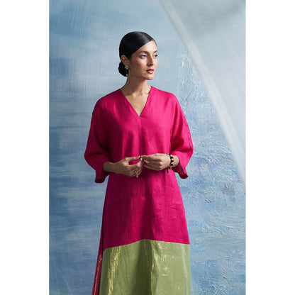 Charkhee Aura Asymmetric Pink Kurta with Palazzo and Dupatta (Set of 3)
