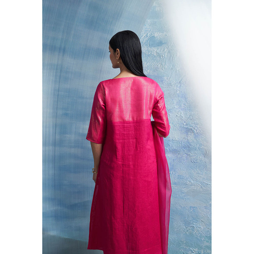 Charkhee Aura Fuchsia Pink Round Yoke Kurta with Palazzo and Dupatta (Set of 3)