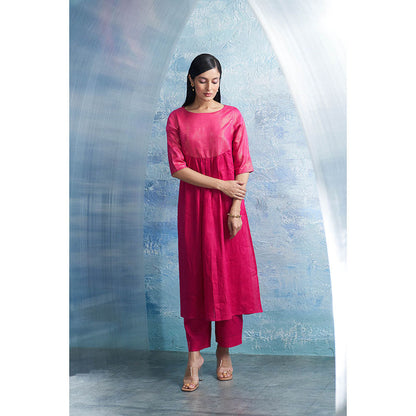 Charkhee Aura Fuchsia Pink Round Yoke Kurta with Palazzo and Dupatta (Set of 3)