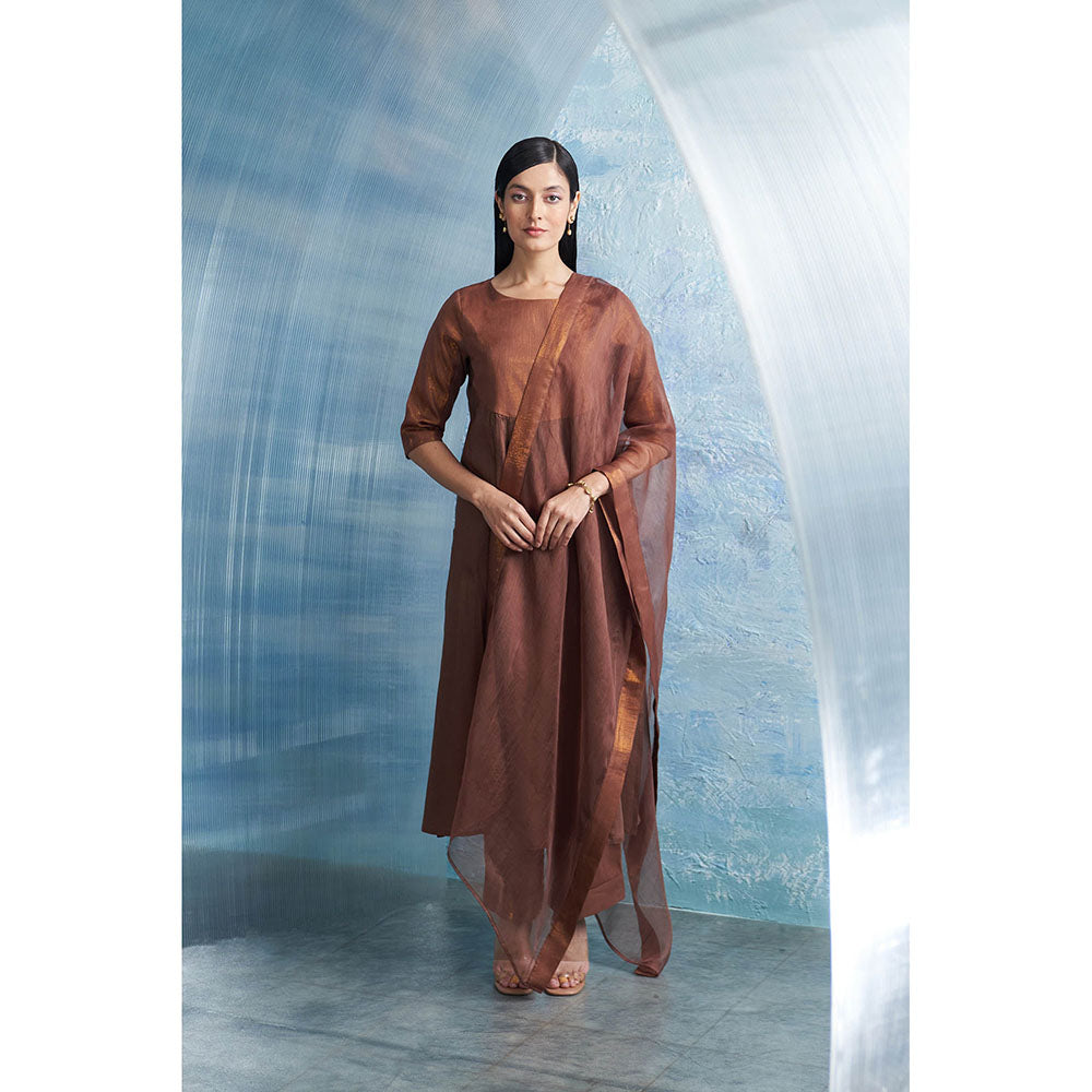 Charkhee Woody Brown Round Yoke Kurta with Palazzo and Dupatta (Set of 3)