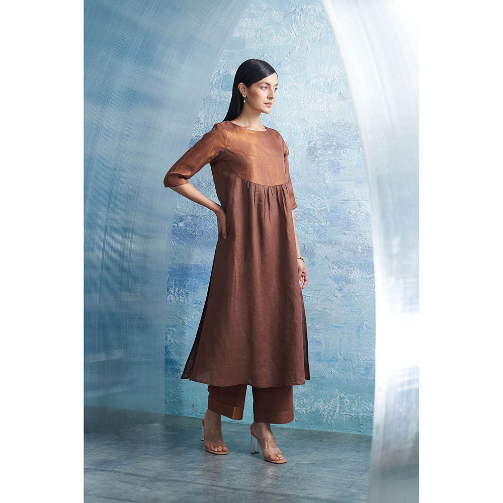 Charkhee Woody Brown Round Yoke Kurta with Palazzo and Dupatta (Set of 3)