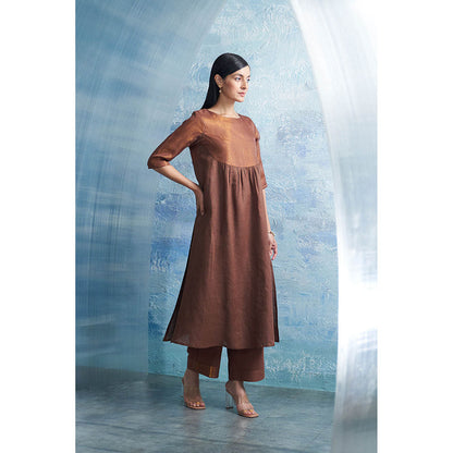 Charkhee Woody Brown Round Yoke Kurta with Palazzo and Dupatta (Set of 3)