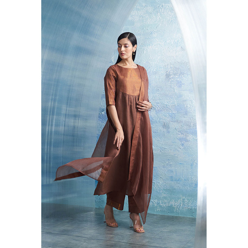 Charkhee Woody Brown Round Yoke Kurta with Palazzo and Dupatta (Set of 3)