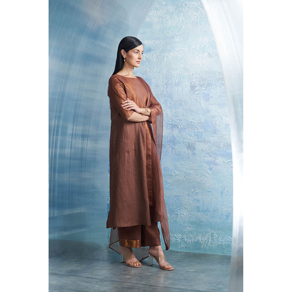 Charkhee Woody Brown Round Yoke Kurta with Palazzo and Dupatta (Set of 3)