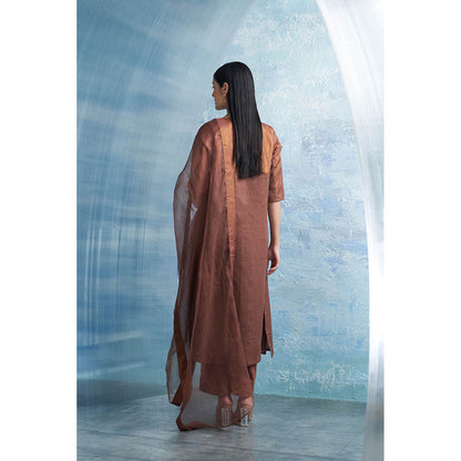 Charkhee Woody Brown Round Yoke Kurta with Palazzo and Dupatta (Set of 3)