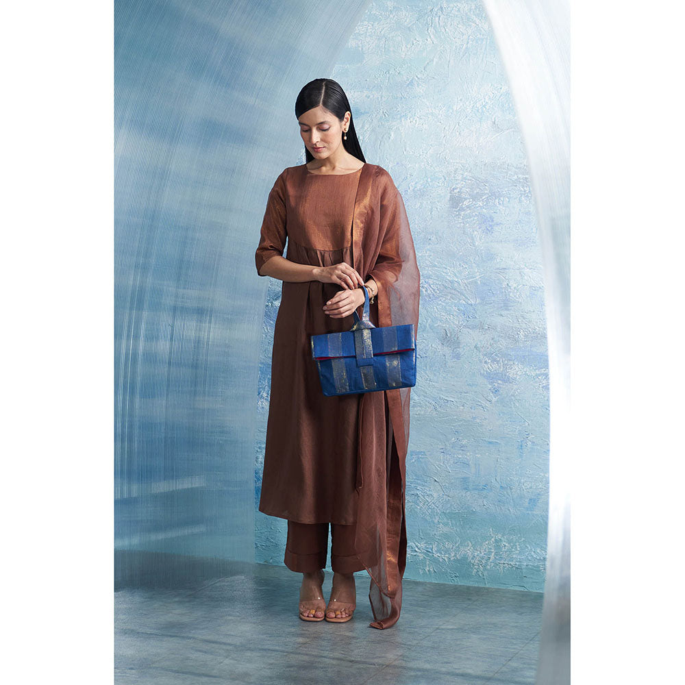 Charkhee Woody Brown Round Yoke Kurta with Palazzo and Dupatta (Set of 3)