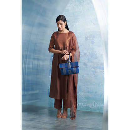 Charkhee Woody Brown Round Yoke Kurta with Palazzo and Dupatta (Set of 3)