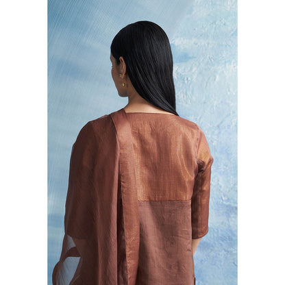 Charkhee Woody Brown Round Yoke Kurta with Palazzo and Dupatta (Set of 3)