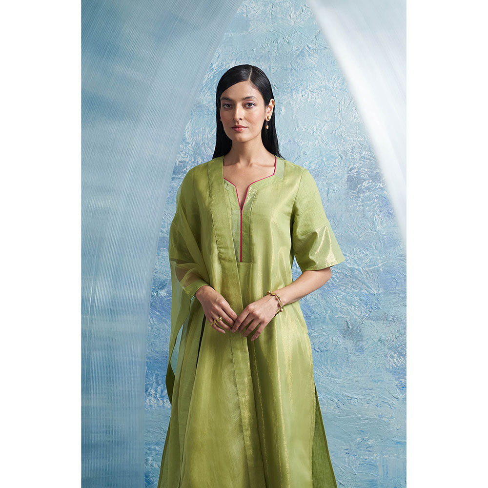 Charkhee Aura A-Line Green Kurta with Palazzo and Dupatta (Set of 3)
