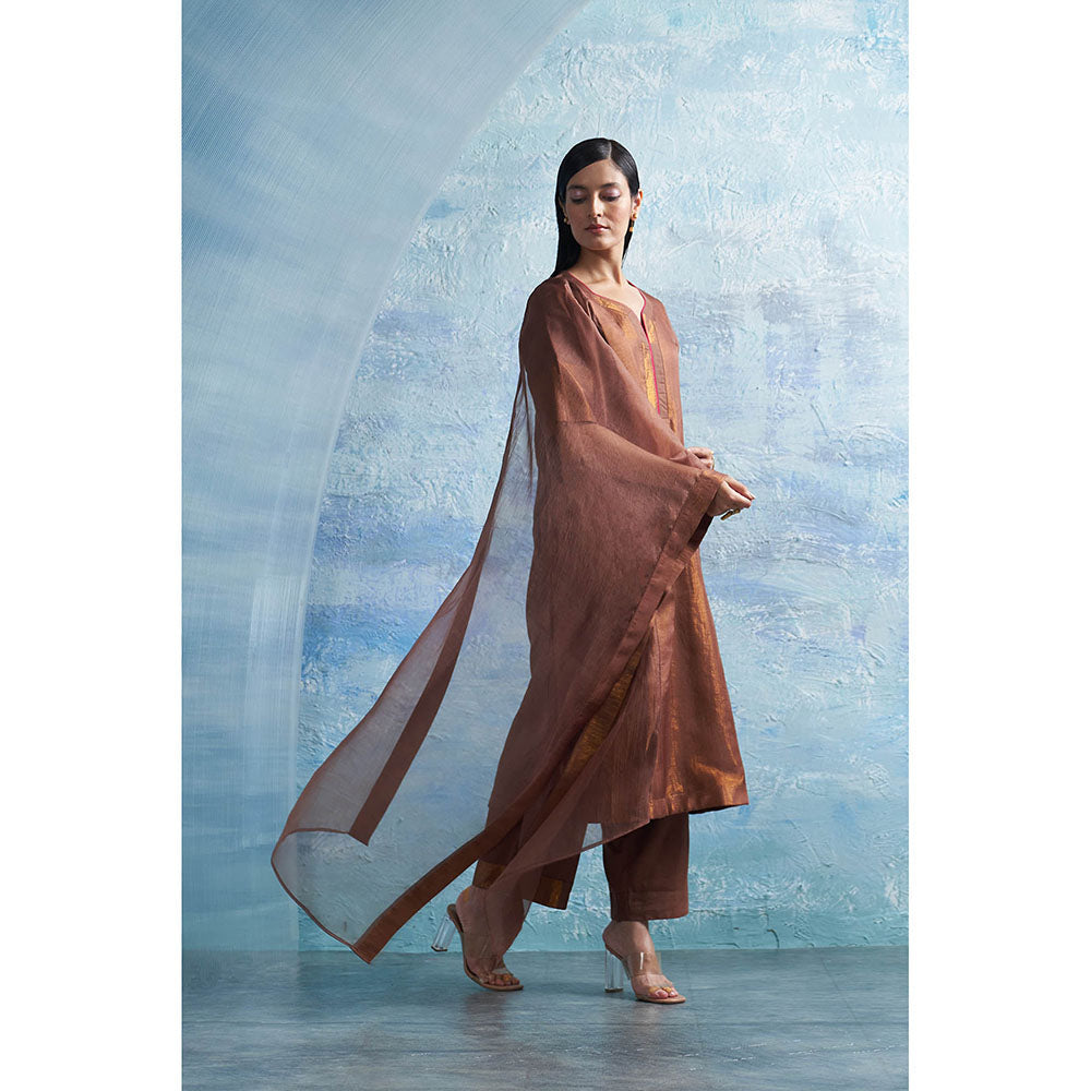 Charkhee Woody Brown A-Line Kurta with Palazzo and Dupatta (Set of 3)