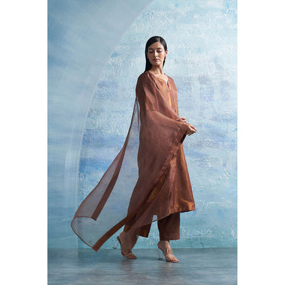 Charkhee Woody Brown A-Line Kurta with Palazzo and Dupatta (Set of 3)