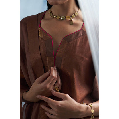 Charkhee Woody Brown A-Line Kurta with Palazzo and Dupatta (Set of 3)