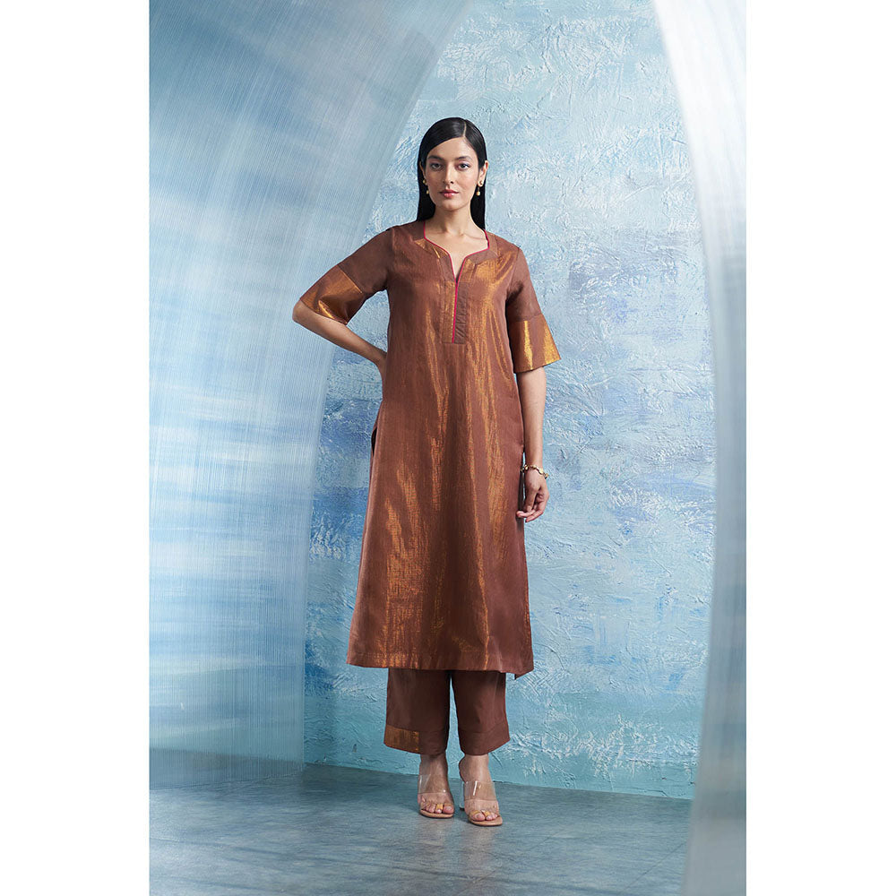 Charkhee Woody Brown A-Line Kurta with Palazzo and Dupatta (Set of 3)
