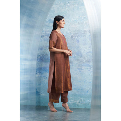 Charkhee Woody Brown A-Line Kurta with Palazzo and Dupatta (Set of 3)