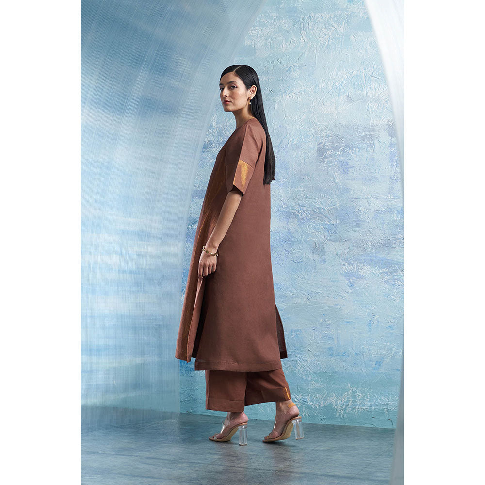 Charkhee Woody Brown A-Line Kurta with Palazzo and Dupatta (Set of 3)