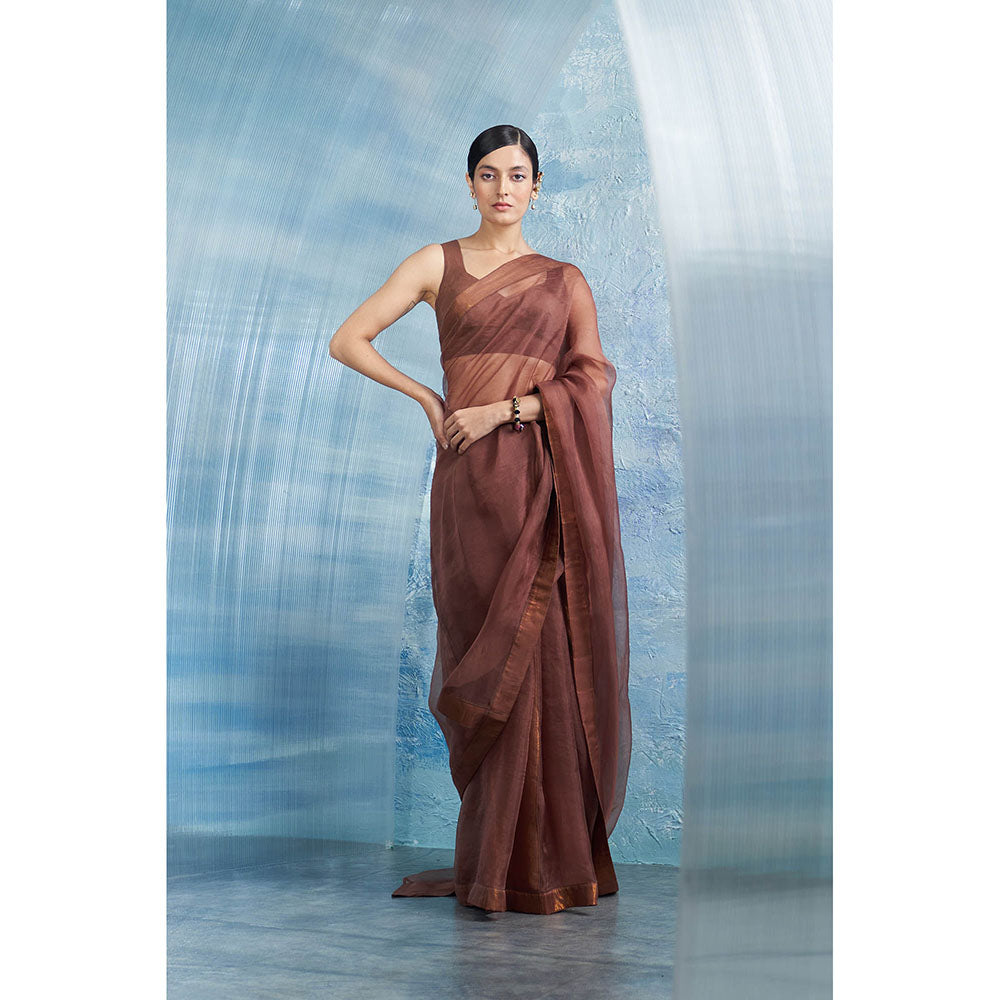 Charkhee Aura Woody Brown Saree With Sleeveless Stitched Blouse