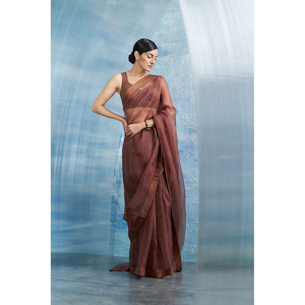 Charkhee Aura Woody Brown Saree With Sleeveless Stitched Blouse