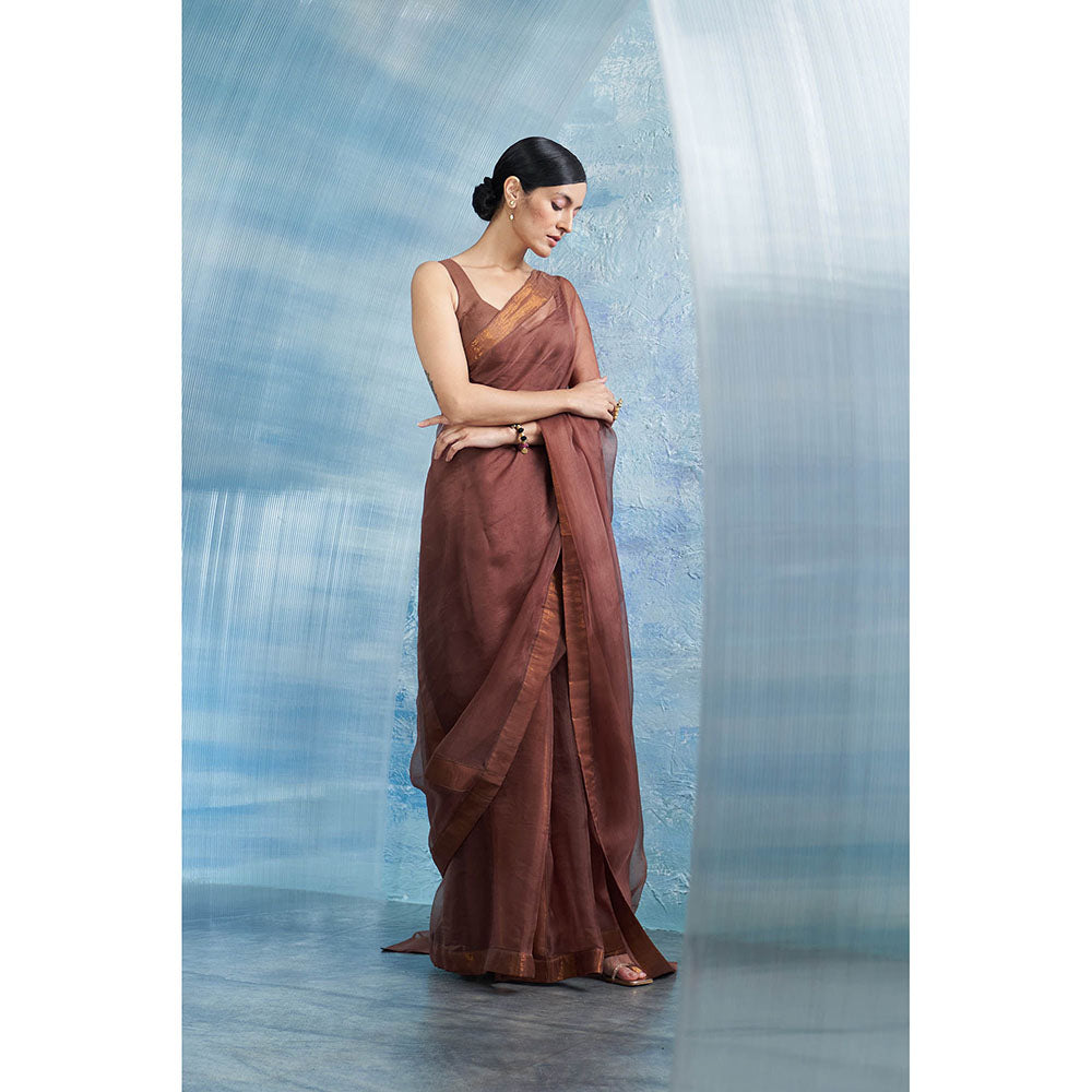 Charkhee Aura Woody Brown Saree With Sleeveless Stitched Blouse
