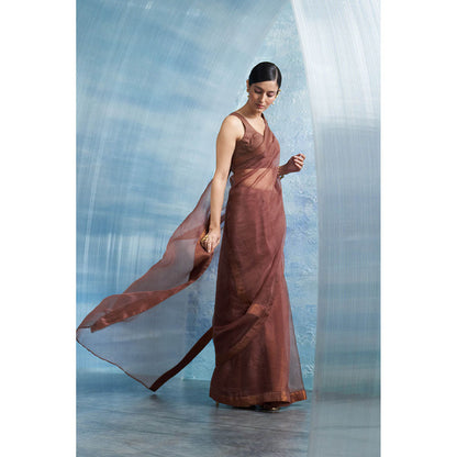 Charkhee Aura Woody Brown Saree With Sleeveless Stitched Blouse