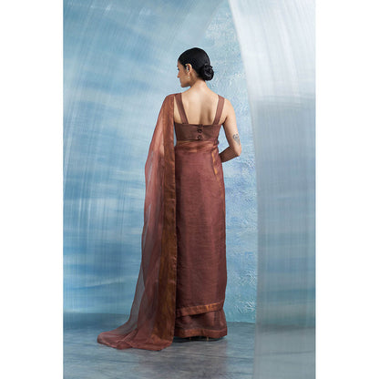 Charkhee Aura Woody Brown Saree With Sleeveless Stitched Blouse