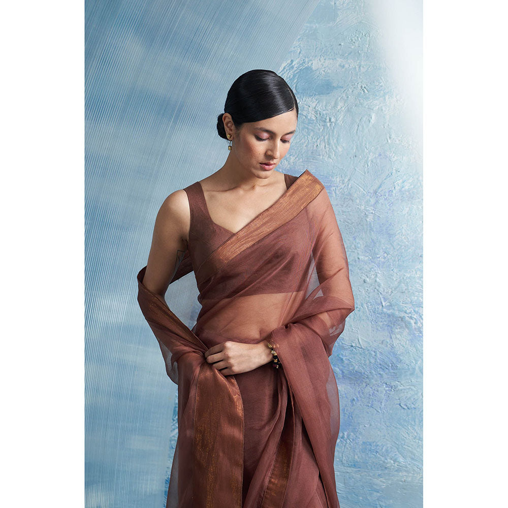 Charkhee Aura Woody Brown Saree With Sleeveless Stitched Blouse