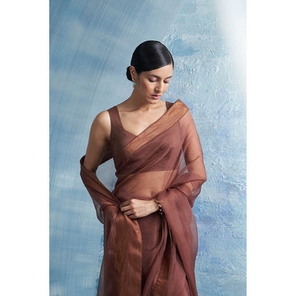 Charkhee Aura Woody Brown Saree With Sleeveless Stitched Blouse